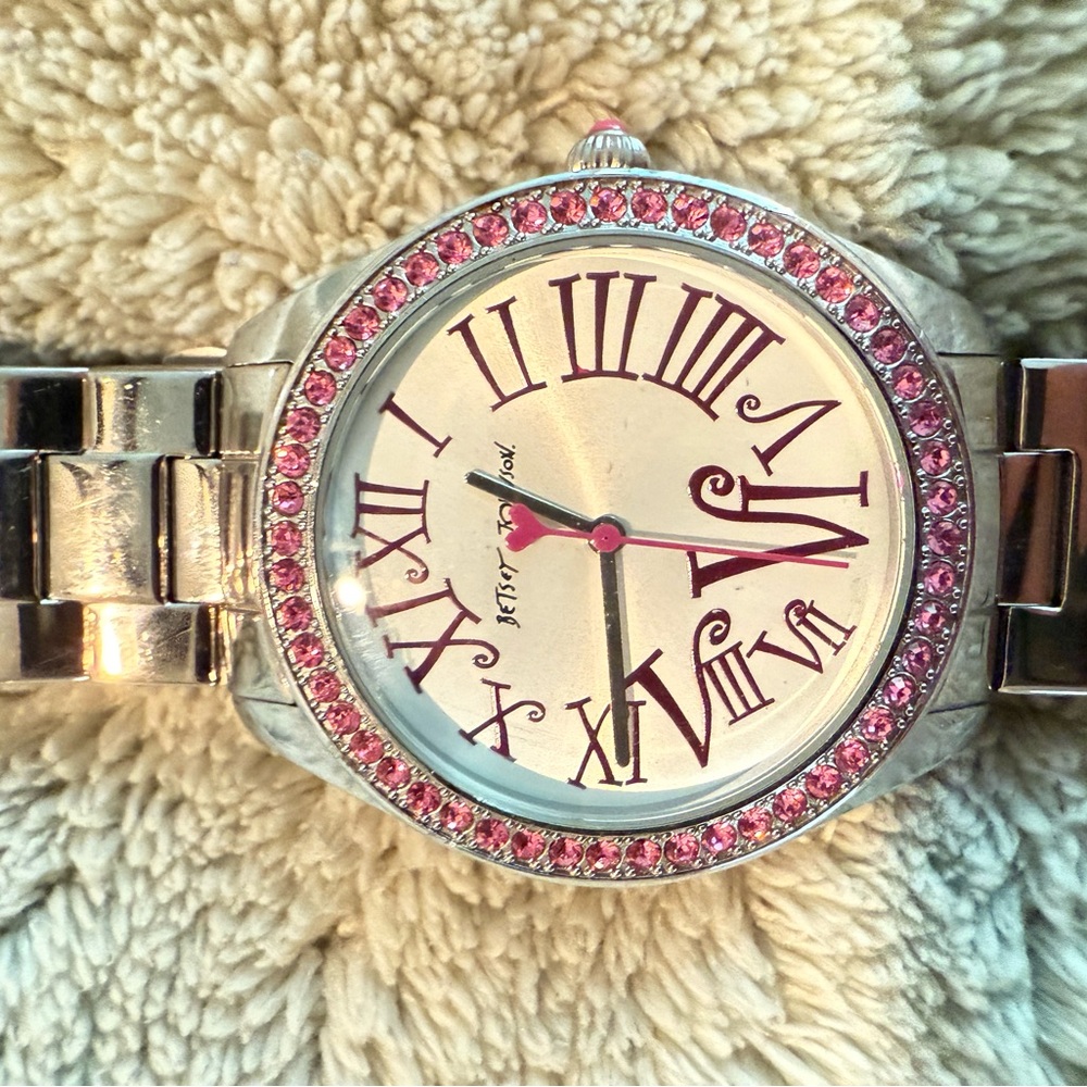 Betsey Johnson Silver Watch with Pink Crystal Accents
